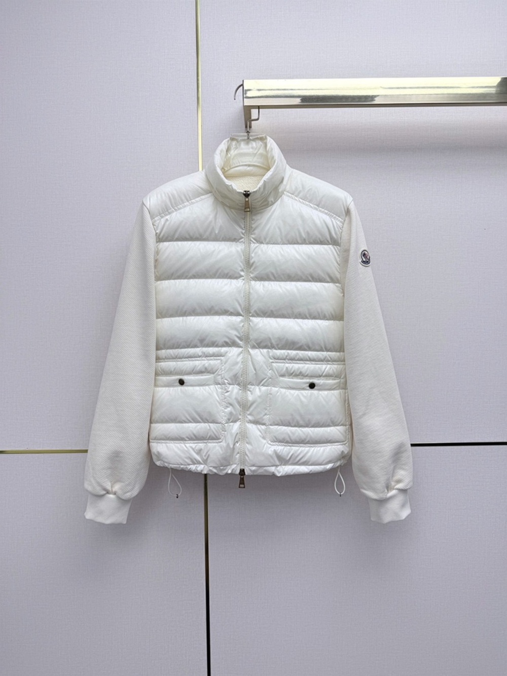 Moncler Cream Mixed Media Puffer Jacket Knit Sleeves Stand Collar